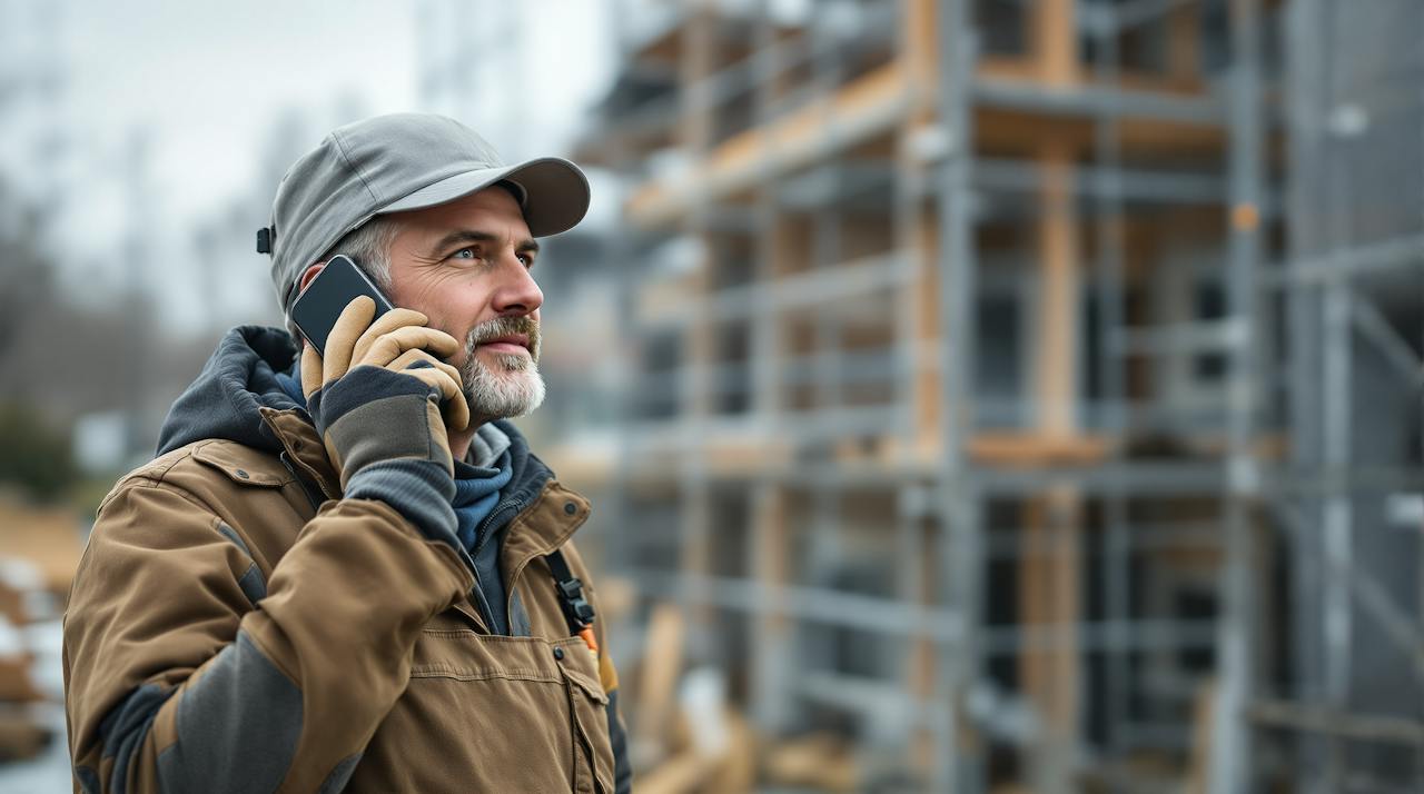Handwerker telefoniert auf der Baustelle